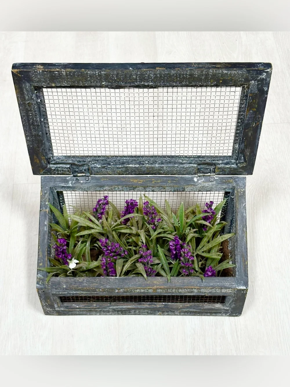 Distressed Gray Wooden Wall Planter with Faux Purple Lavender